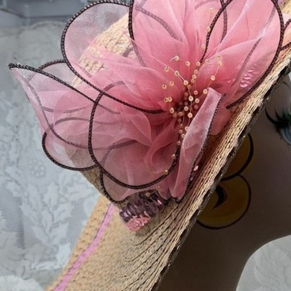 Pink Flower Derby Hat Wide Brim Church‎ Kentucky Derby Sun Hat Races - Picture 1 of 4